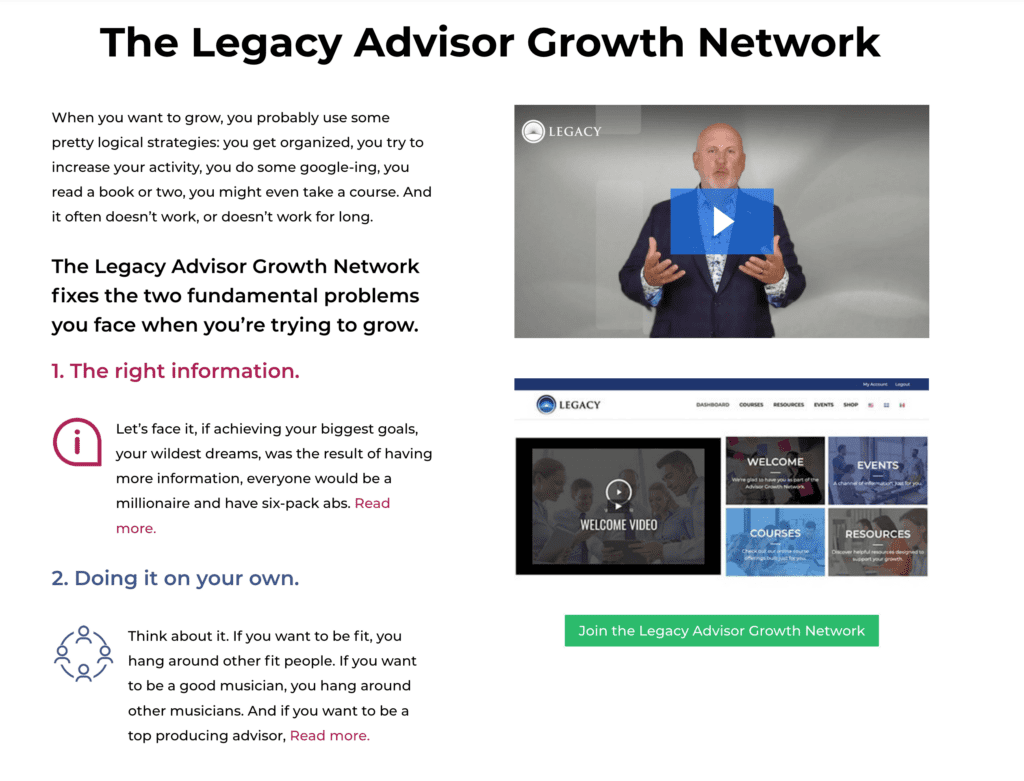 Image of front page of think-legacy.com website outlining the Legacy Advisor Growth Network.