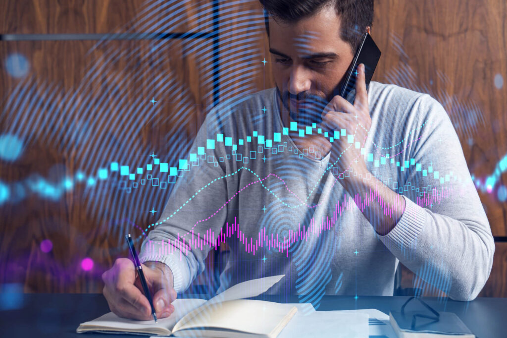 A photo of a man on the phone with coloured dots and lines representing AI.